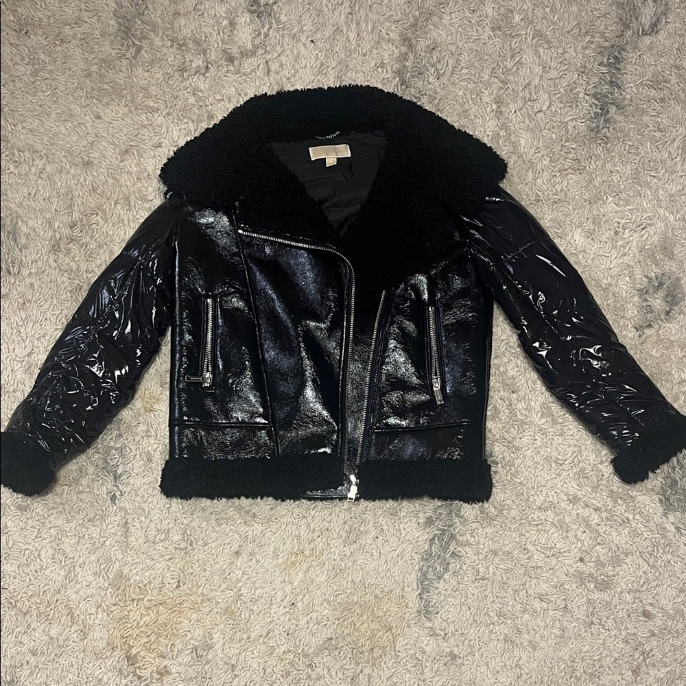 MICHAEL Michael Kors Glossy Black Women's Leather Jacket with Shearling Collar
